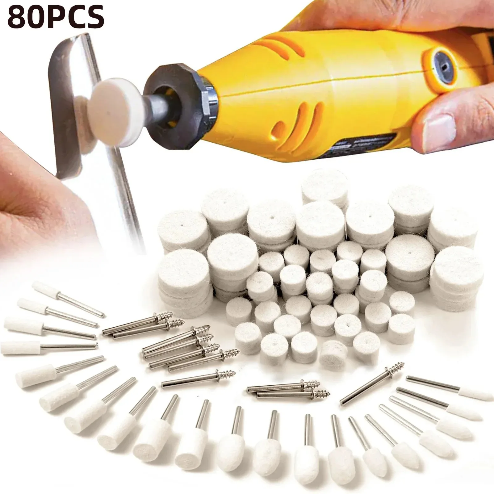Kit de 80 roues de polissage en feutre de laine, roues de polissage pour outils rotatifs à tige de 1/8 po pour métal, bijoux, bois, plastique, résine