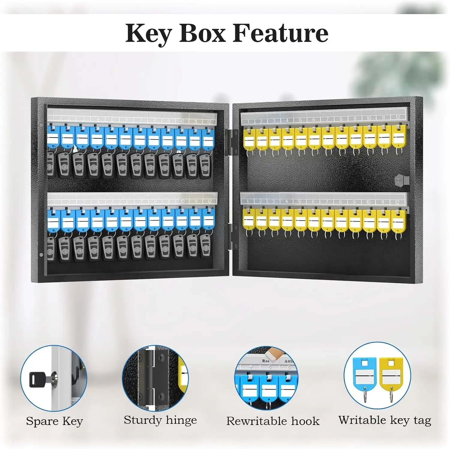 WeHere Key Safe Box Wall Mounted (48 Keys), Roller Mechanical Password Lock,key Cabinet with Combination Lock and 48 Key Labels