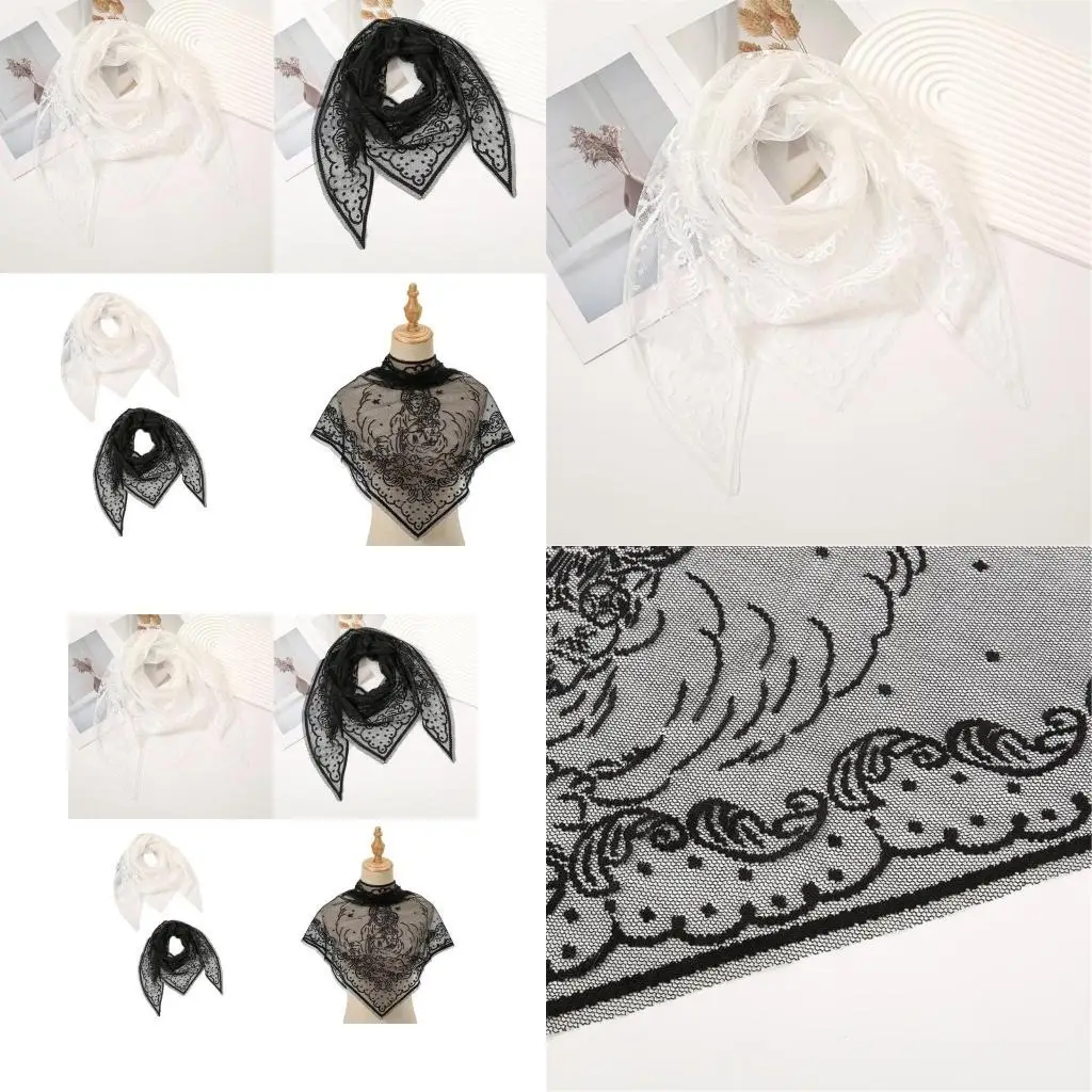 

R1WE Embroidered Mantilla for Woman Floral Casual Wedding Party Headwear Lace Scarf