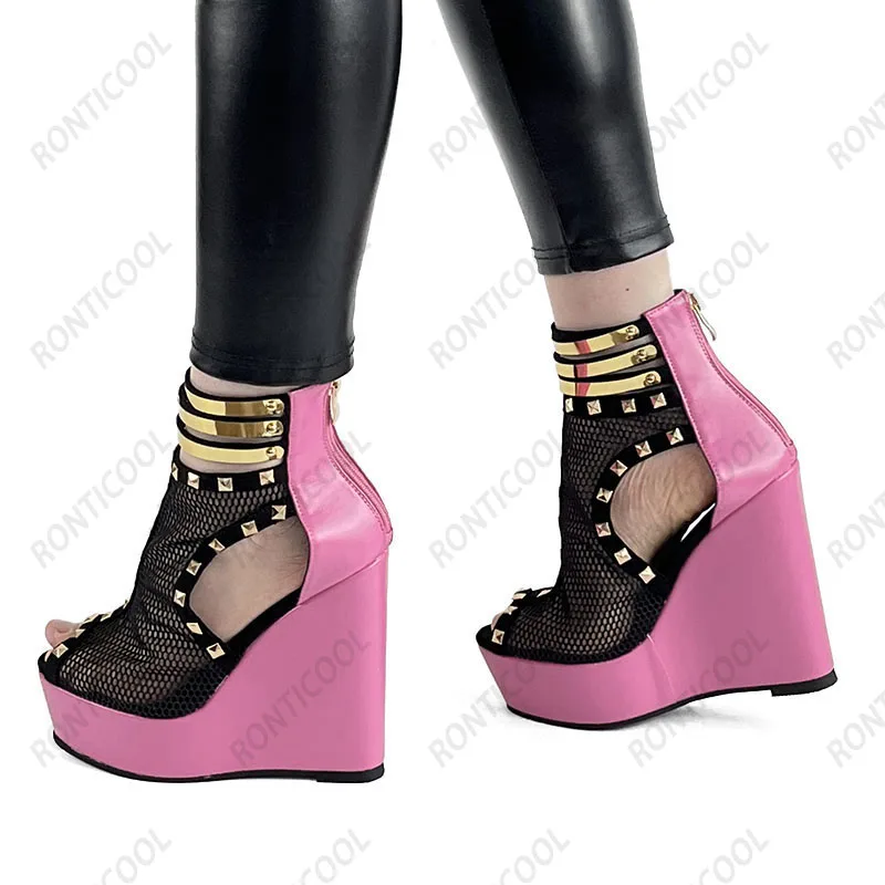 Ronticool Women Summer Sandals Sexy Rivets Wedges High Heels Peep Toe Fabulous Fuchsia Ladies Banquet Shoes US Plus Size 5-20