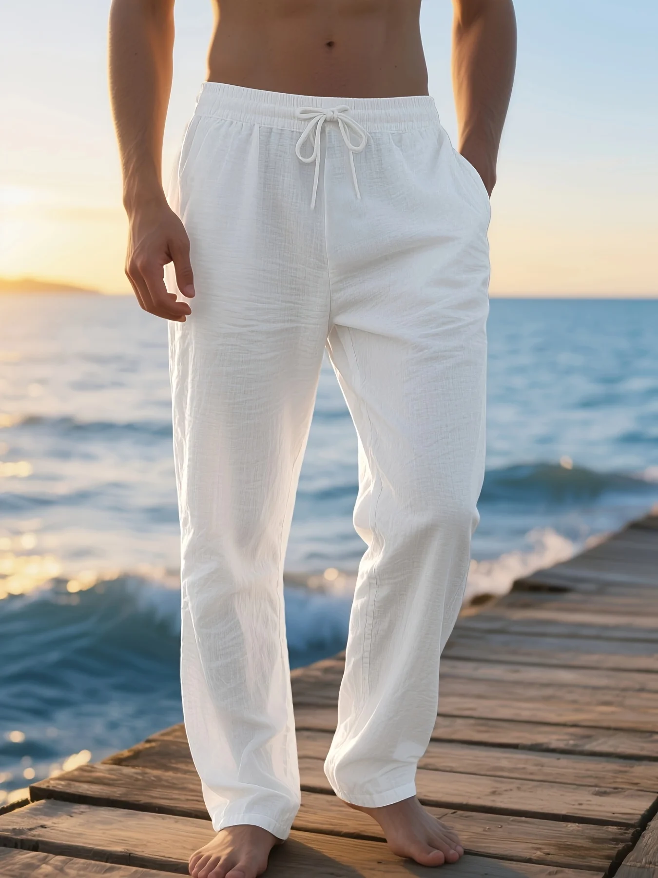 

Men'S Linen Slim-Shoulder Breathable Casual Pants - Summer Lightweight Straight-Leg Drawstring Trousers with Pockets Solid Color