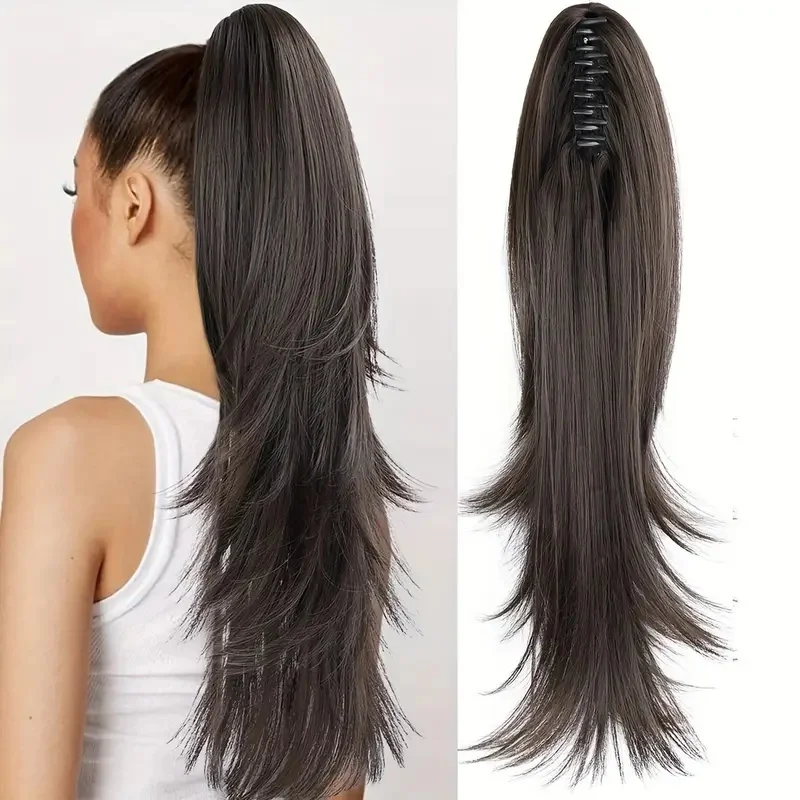 Klip Cakar Rambut Sintetis Tahan Panas Ekstensi Ekor Kuda untuk Wanita Menambah Volume Potongan Rambut Ekor Kuda Panjang Bergelombang Tampak Alami