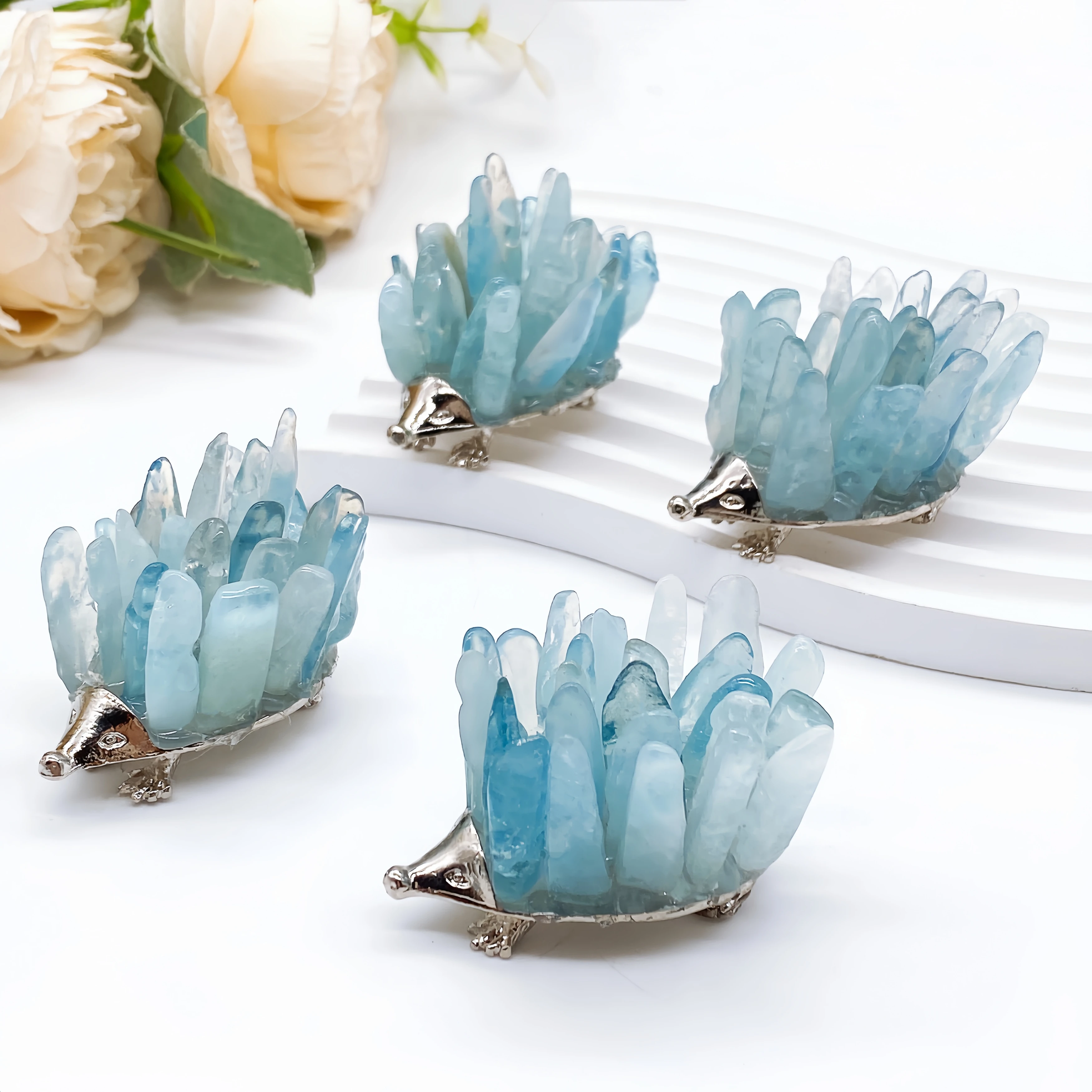 1PC Natural Blue Aquamarine Hedgehog Crystal Quartz Stone spar crafts Animal Reiki Healing Home Decor Children Gift