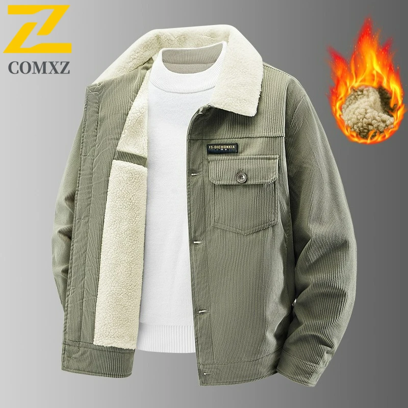 COMXZ Men Corduroy Padding Coat Lapel Outdoor Travel Warm Parkas Single Breasted Business Comfort Lightweight Winter Jackets
