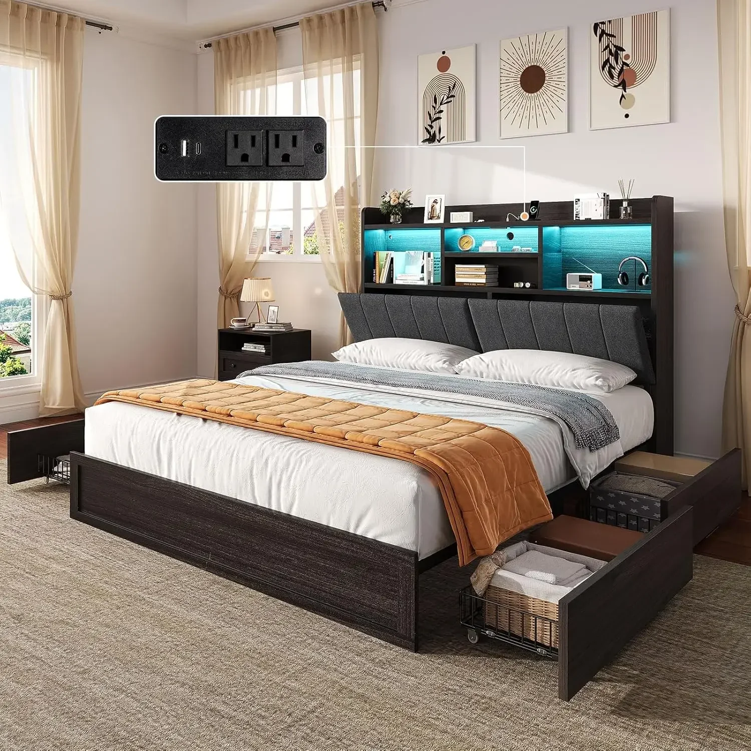 Queen Bed Frame Tall Bookcase Headboard Four Drawers Linen Upholstered