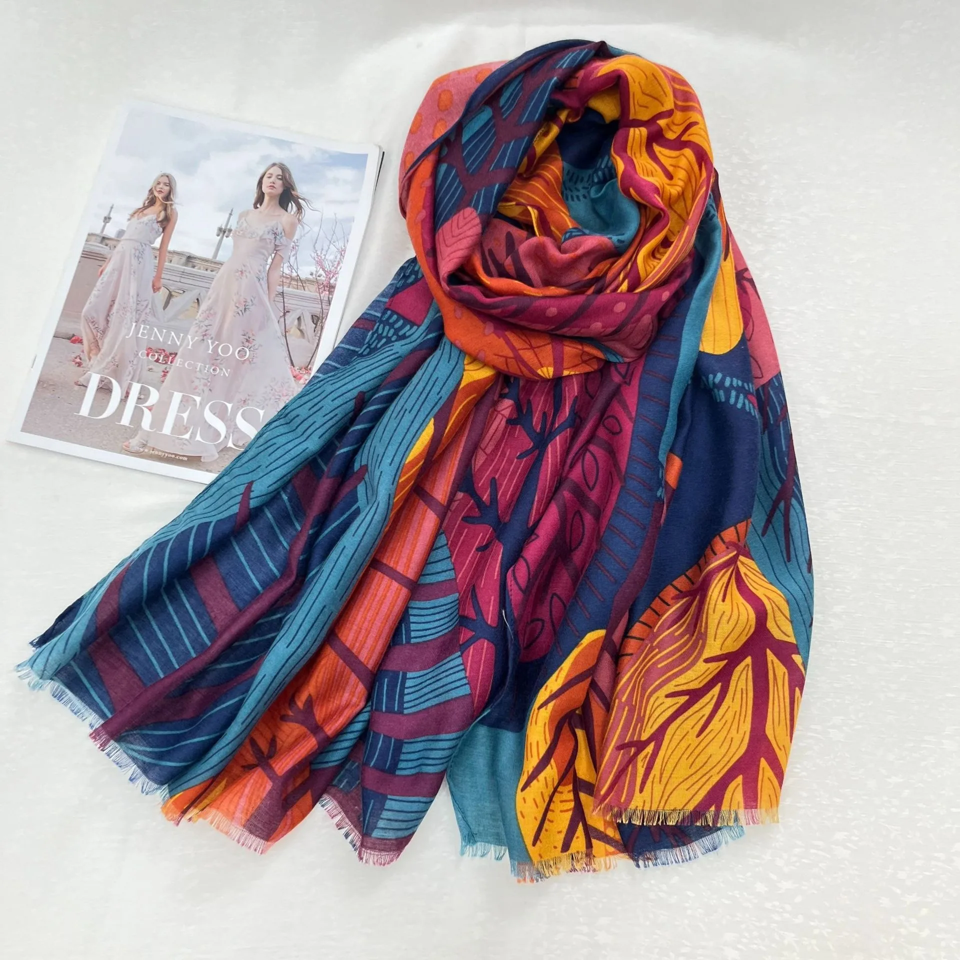

Women Vintage Ethnic Branch Print Scarf Spring Autumn New Soft Fabric Fashion High-Grade Texture Multi-Function Shawl