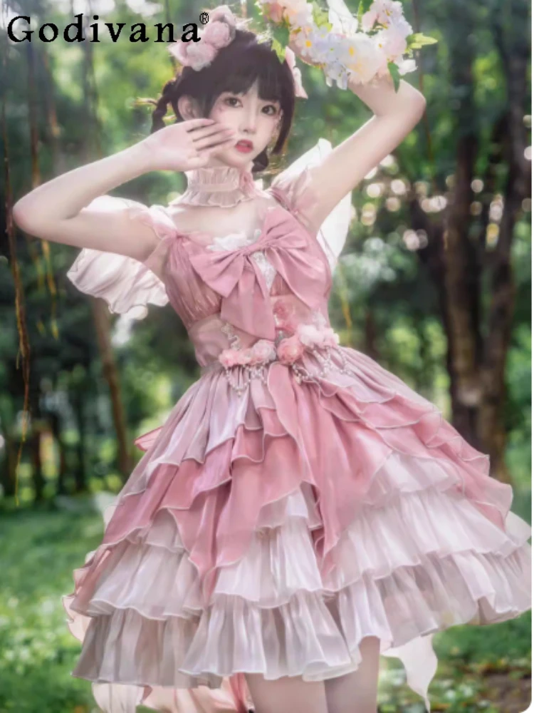 

New Sweet Pink Lolita Elegant Slash Neck JSK Princess Suspender Dress Fashion High Waist A-line Cute Girl Cake Fairy Dresses