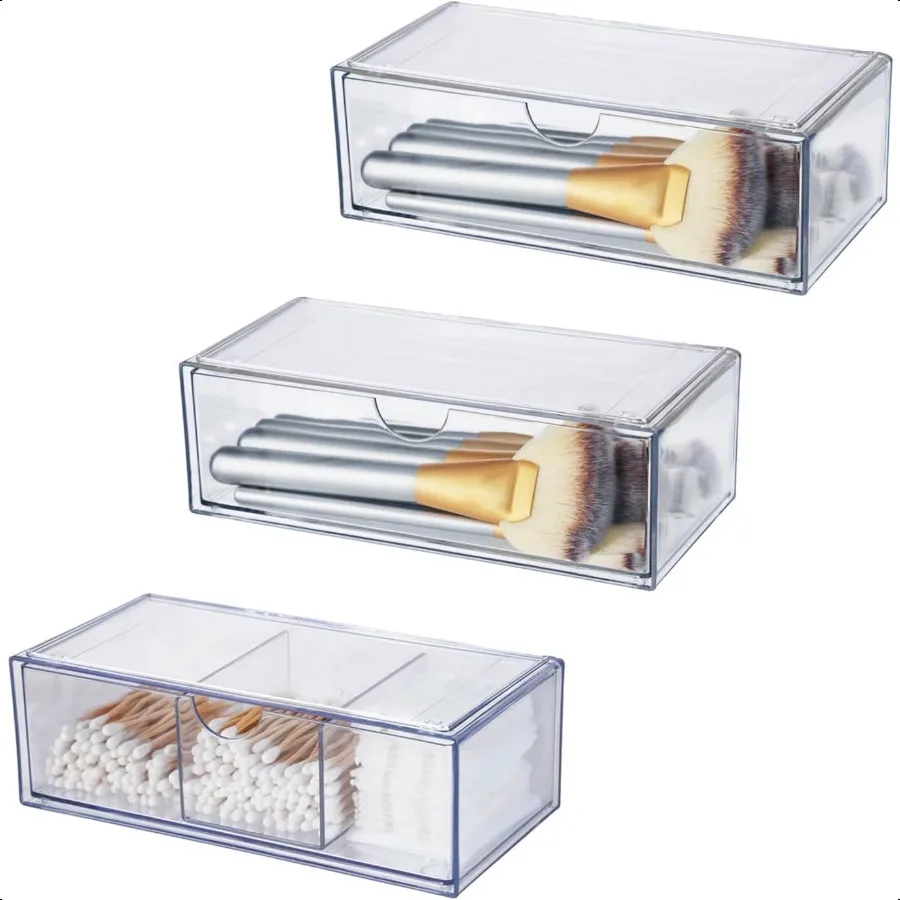 3PCS Square Qtip Holder Dispenser Clear Cotton Ball Holder With Compartments Stackable Cotton Pad Container Cosmetic Organizer