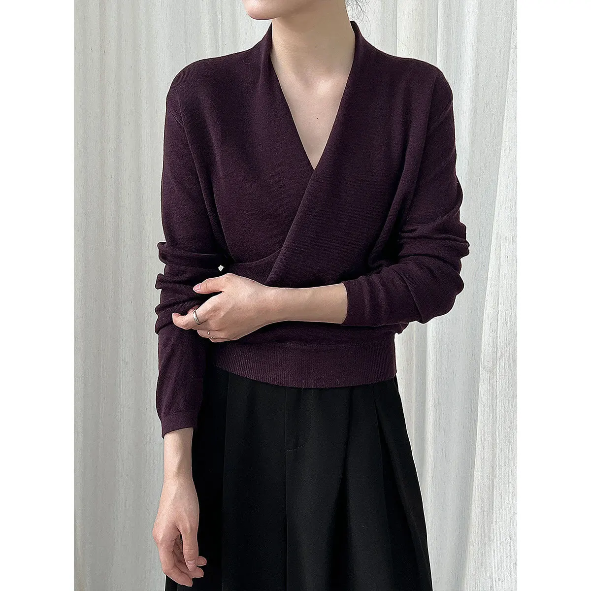 BJTZ 2025 Autumn Winter Women’s Cross V-Neck Soft Wool Knit Sweater Long Sleeve Thermal Top Cozy Casual Loungewear Tops