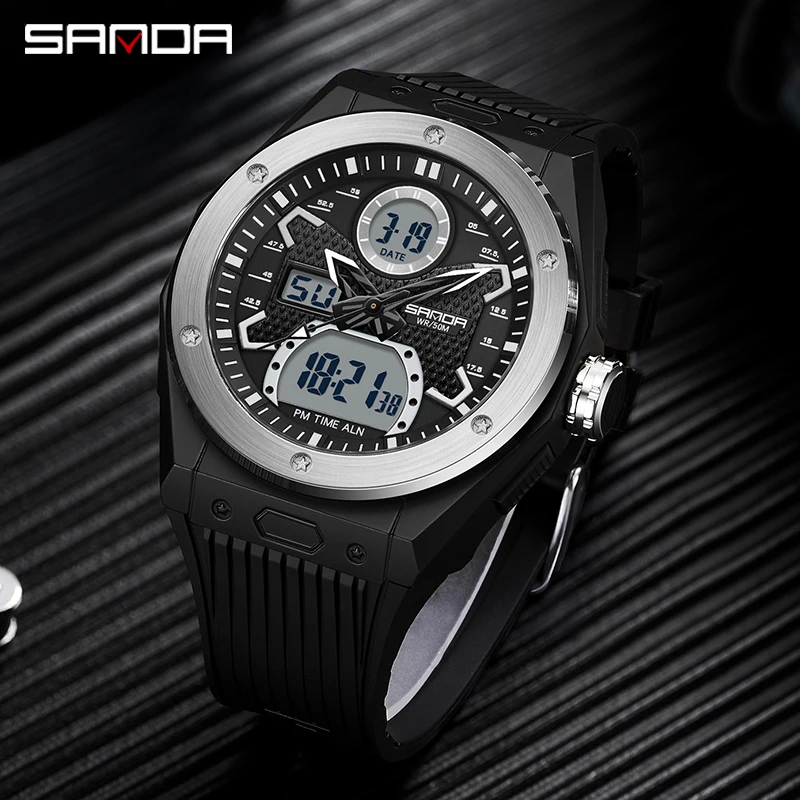 Sanda 3138 Led Analog Digital Display Alarm Mode Wrist Clock For Men Trendy Fashion Waterproof Outdoor Sports Stop Watch