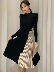 H Han Queen New Winter Elastic Knitted Dresses Women Color matching Lace-up Sweater Dress Fashion Slim Work Office Vestidos