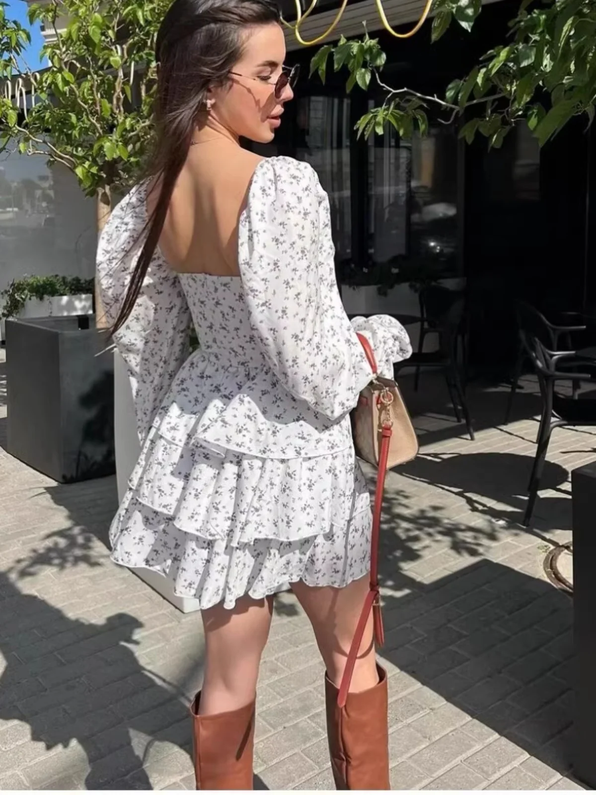 Vestido Floral Romântico de Manga Longa Estilo Vintage Saia em Camadas Moda Sazonal Primavera Verão Outono