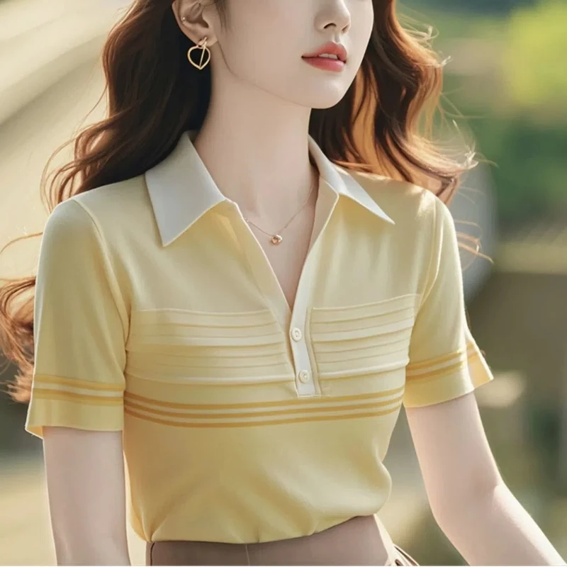 

Korean Ice Silk Polo Shirt for Women with Niche Popular Super Good Looking High-end Yellow Striped Knitted Top Trendy