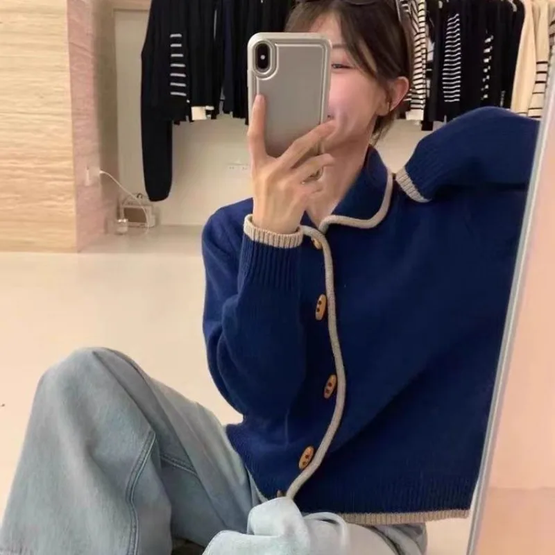 Women Korean Sweet Color Block Polo Collar Sweater Loose Slim Fit Horn Button Knit Cardigan Autumn Winter