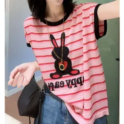 Korean Commute Striped Contrast Color Knitted T-shirt Women's Clothing Fashion Round Neck Perspective Casual Cartoon Pattern Top