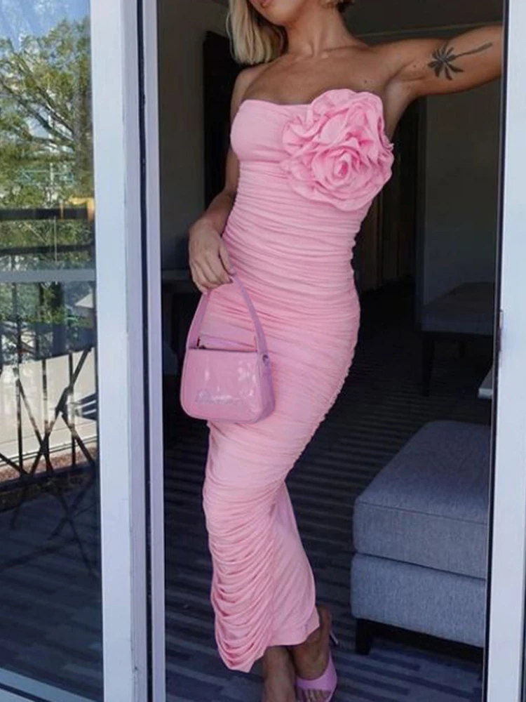 Mangas Ruched fenda festa Bodycon vestido, Rose Detalhe Bandeau, Chic ligeiro estiramento, Novo, 2024