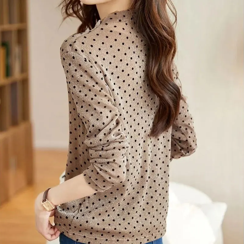 Casual Polka Dot T-shirt Women\'s Clothing Stylish Bright Silk Autumn Winter Long Sleeve Korean Half High Collar Slim Pullovers