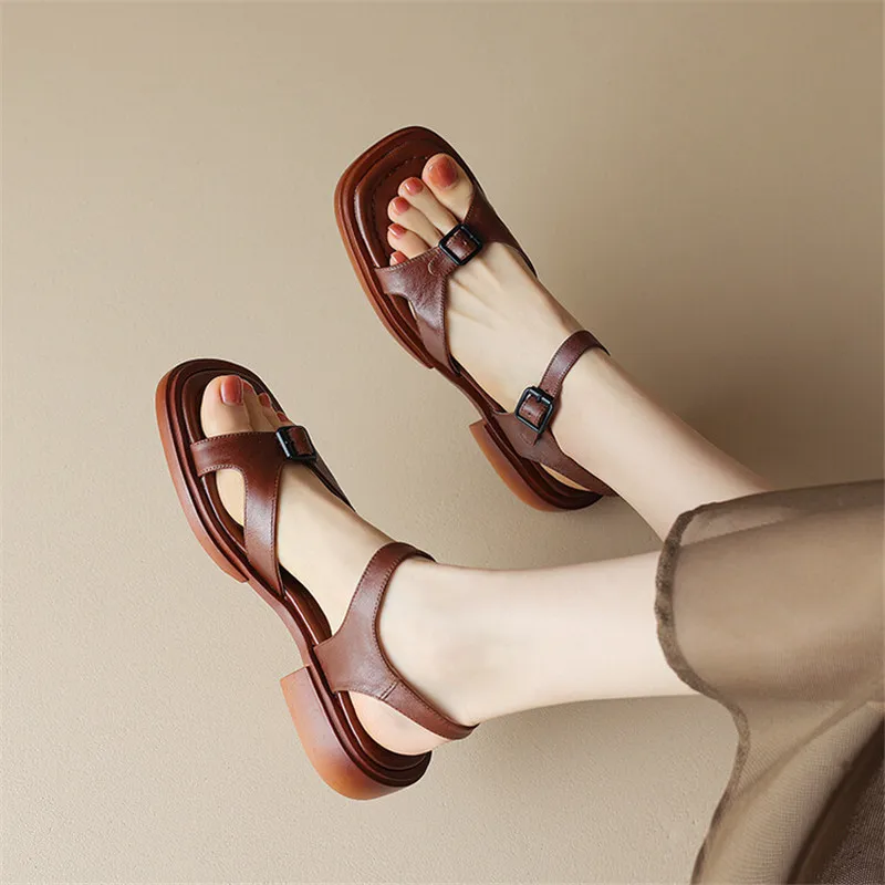 2023 NEW Summer Women Sandals Genuine Leather Chunky Heel Shoes Square Toe Low Heel Shoes for Women Cow Leather Shoes Handmade