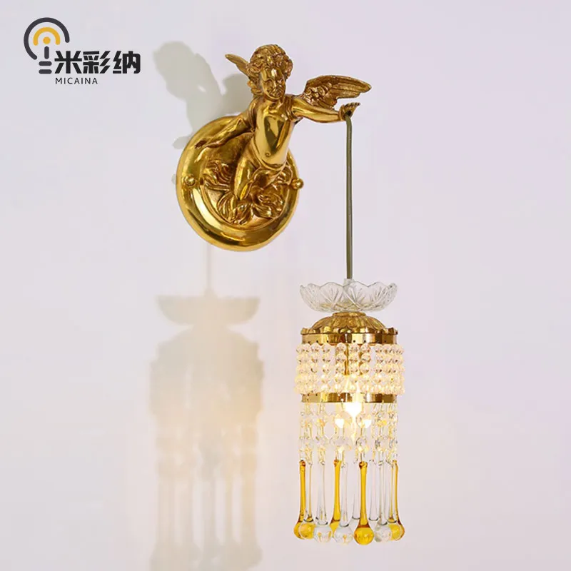 

French style all-copper angel wall lamp European style luxury villa crystal living room bedroom aisle lamp