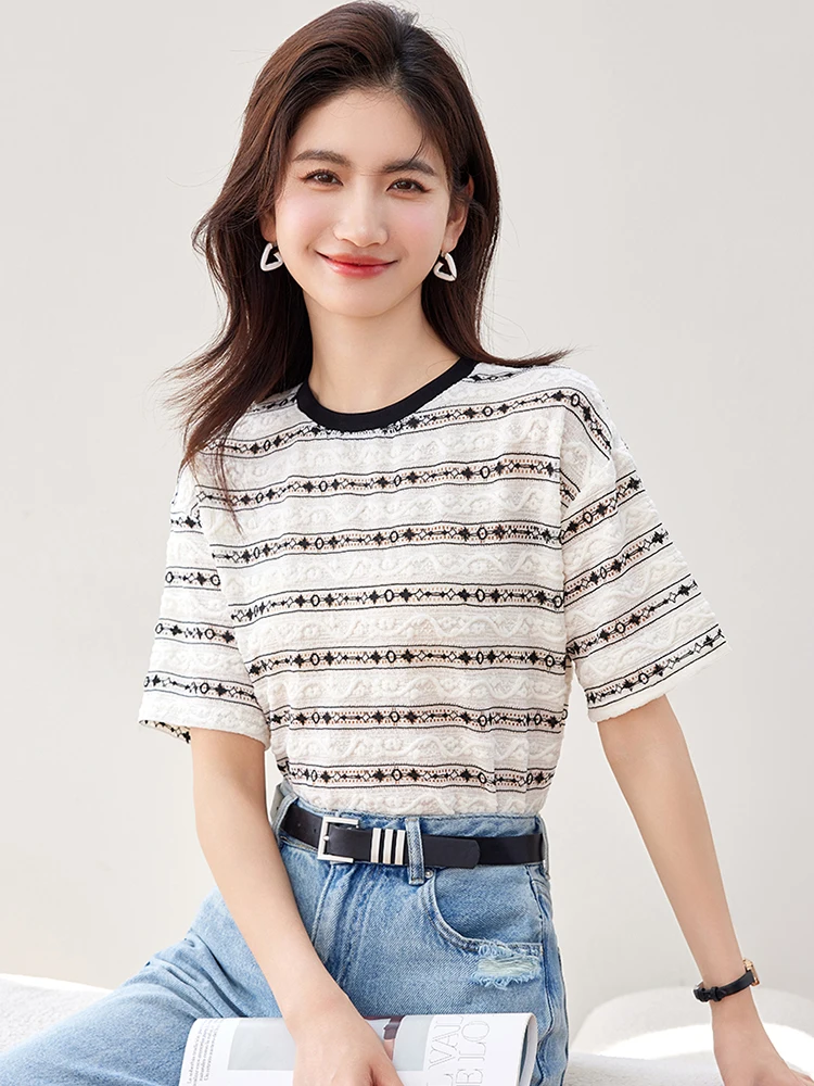 مخطط تي شيرت المرأة عادية تنوعا التي شيرت الصيف الجولة الرقبة تي شيرتات قصيرة الاكمام الكورية موضة فضفاضة