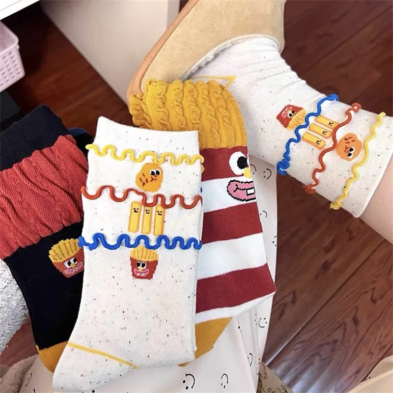 2 Pairs Women's Cartoon Socks Fashion Fries Design Sock Women Funny Crew Socks Cute Cartoon Ugly-cute for Autumn Long Socks