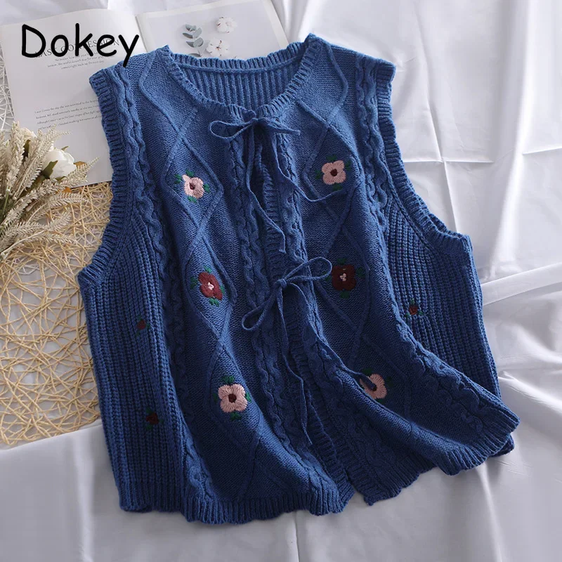 Women\'s Vintage Embroidery Lace-up Sweater Vest Korean O-Neck Sleeveless Loose Knitted Cardigan Female Casual Waistcoat Autumn