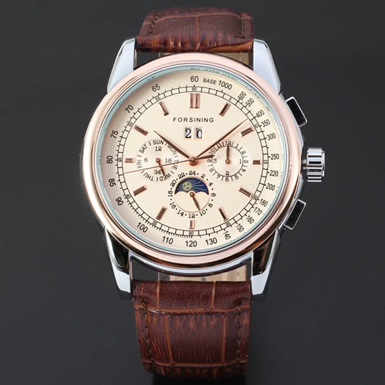 Fashion Forsining Top Brand Six Needle Calendar Lunar Phase Automatic Mechanical Leather Man Advanced Gifts Wrist Watches