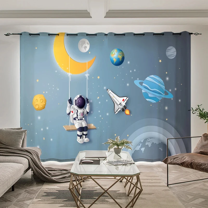 Outer Space Astronaut Pattern High Blackout Curtains Whale Planet Sci-Fi Indoor Shading Drape Children Bedroom Curtain New Style