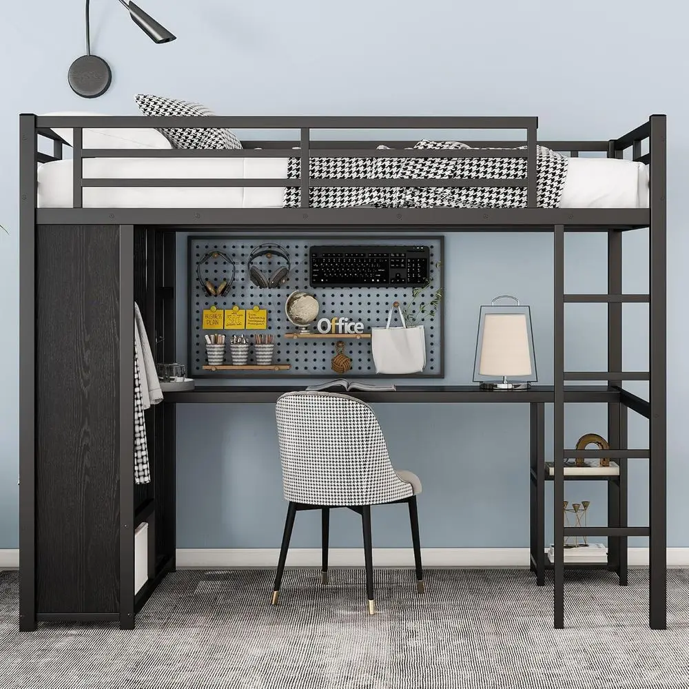 Sturdy Metal Twin XL Bed with L-Shaped Desk, Wardrobe, and Storage, Ideal for Kids and Teens in Black view 3