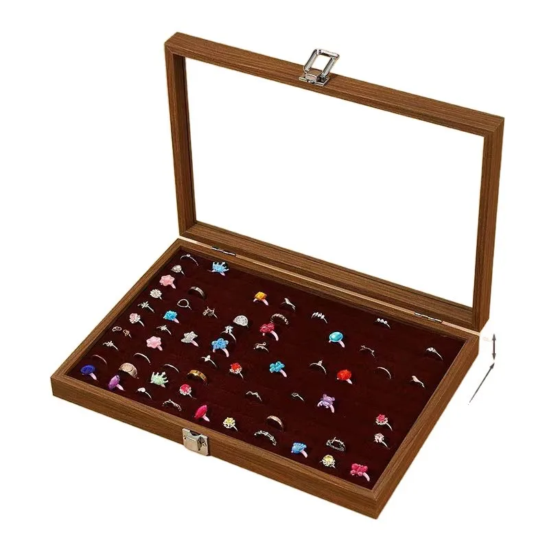 

Large Capacity 100 Grids Rings Case for Women Wood Jewelry Box with Display Wholesale Rings Storage Organizer Box Birthday Gift