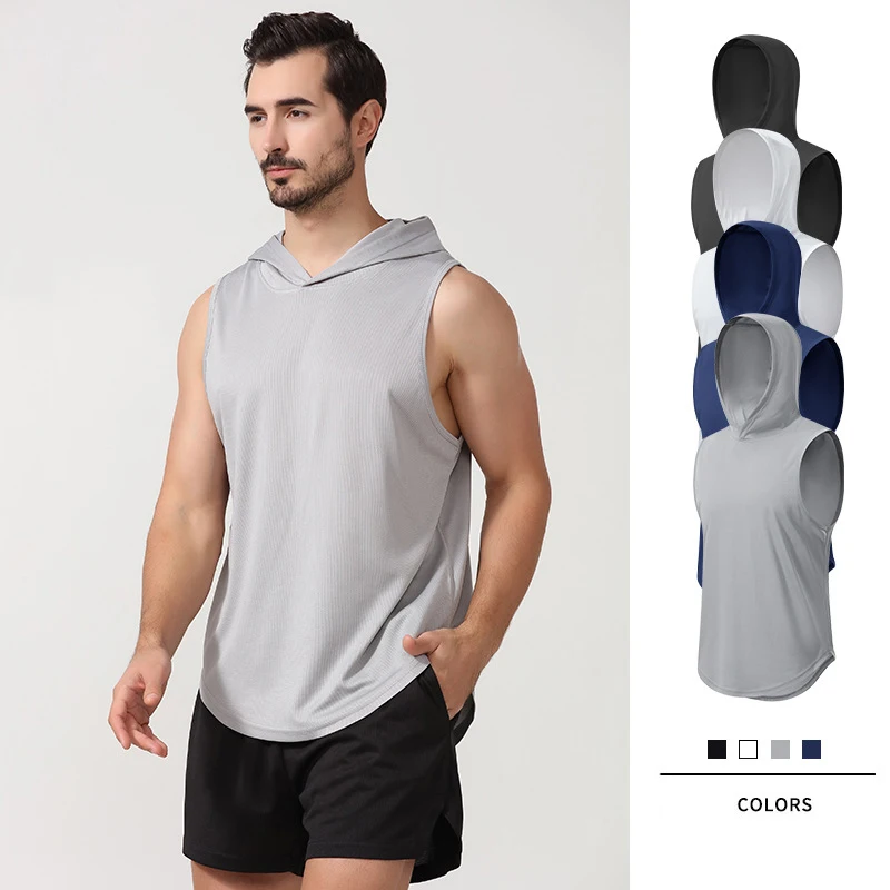 Men's Breathable Sports Vest, Quick Dry, Loose Sleeveless Fitness T-Shirt, Basketball Training, Gray Hooded Vest, New, Summer