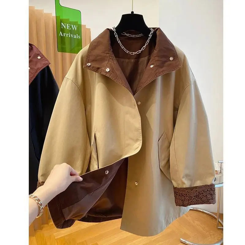 

Contrasting color advanced lapel splicing medium and long new niche trench coat retro jacket loose casual tooling