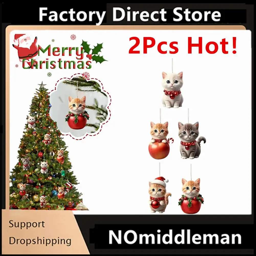 

2Pcs Christmas Cat Ornament Acrylic Cat With Santa Hat Pendant Cute Cartoon Cats Ornament 2D Flat Xmas Tree Hanging Decor