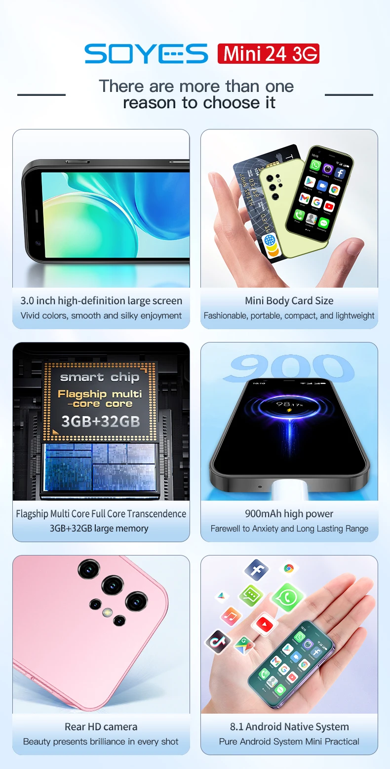 هاتف Soyes Mini 24 Android الذكي 3 بوصة 3 جيجابايت + 32 جيجابايت هاتف بشاشة صغيرة محمول للغاية بطارية 900 مللي أمبير في الساعة متوفر بألوان متعددة