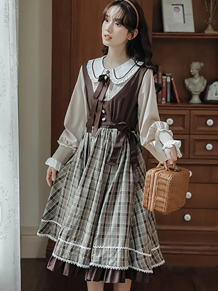 Autumn Winter Patchwork Plaid Fake Two Piece Midi Dress Women Bow Doll Collar Ruffled Casual Dress 2024 Korean Elegant Vestidos