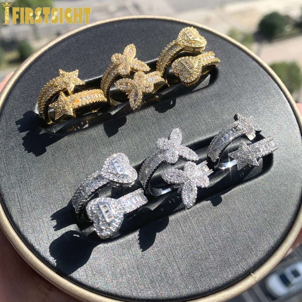 טבעת כוכב הלב פתוח עבור נשים כסף צבע מכסף cz מעוקב zirconia פרפר קסם מתכווננת היפ הופ מתכווננת היפ הופ