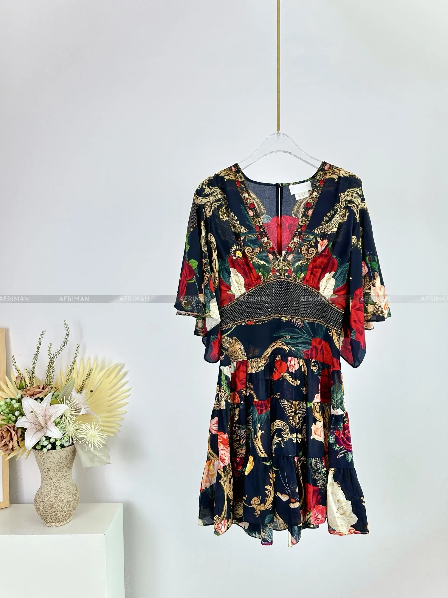 2024 New Women V Neck Beaded Flare Sleeve Retro Black Flower Print Elastic Waist Mini Silk Dress