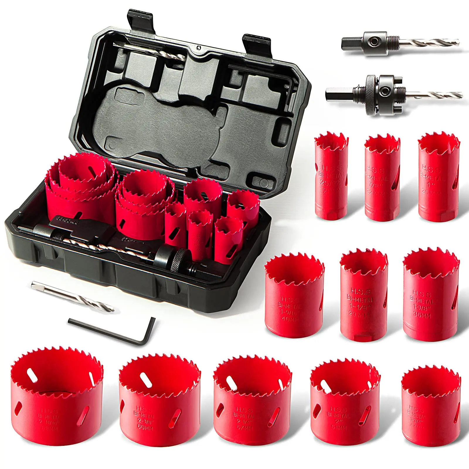 HYCHIKA 19-64mm 14pcs Hole Saws Set with Storage Box for Electric Screwdriver Drilling Metal Wood Power Tools Accessories