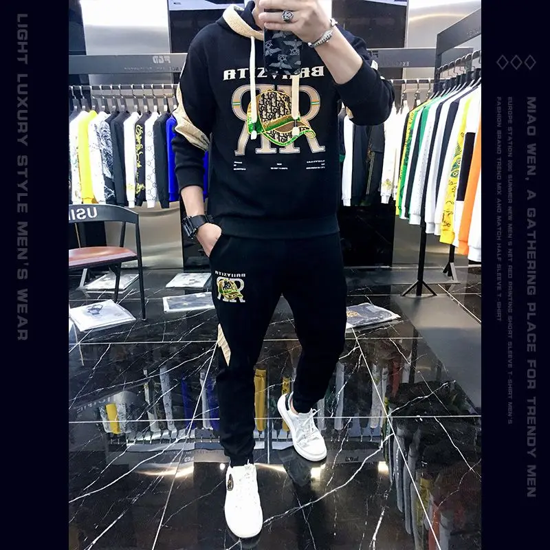 Men's Autumn Hoodie Casual Pants Set New Trendy Brand Men's Wear Set with Handsome Matching