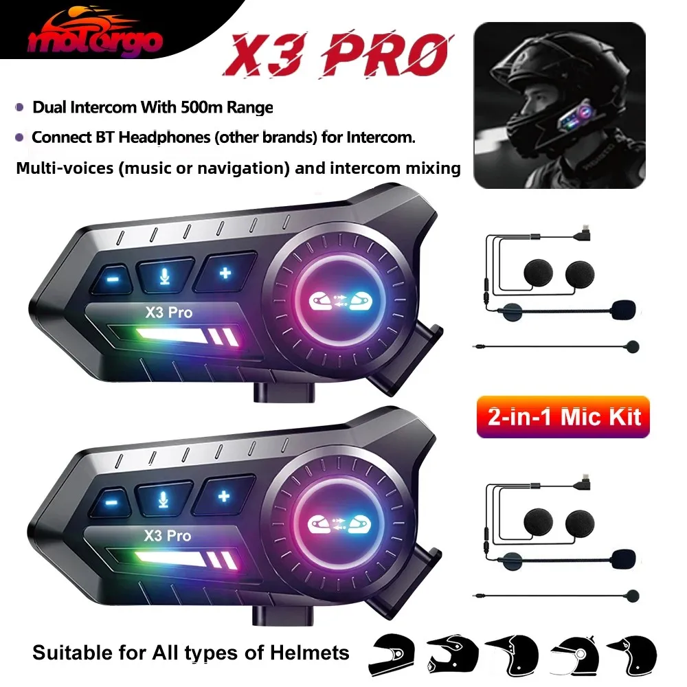 

X3 pro мотоциклетный Bluetooth-домофон 500 м, беспроводная 1000 мАч, рация, шлем, домофонная гарнитура для мотоцикла-1/2 шт.