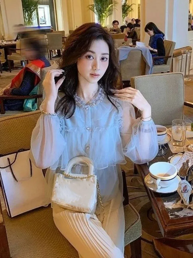 Doce babados camisas femininas 2025 camisas de mujer manga longa blusas soltas vintage único breasted plissado chique blusa coreana