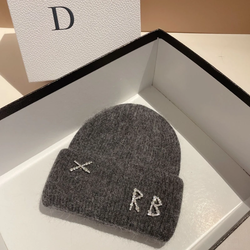 New Real Rabbit Fur Diamonds Letter Beanies Hats for Women Winter Warm Knitted Hat Famous Brand Lady Casual Bonnet Skiing Cap