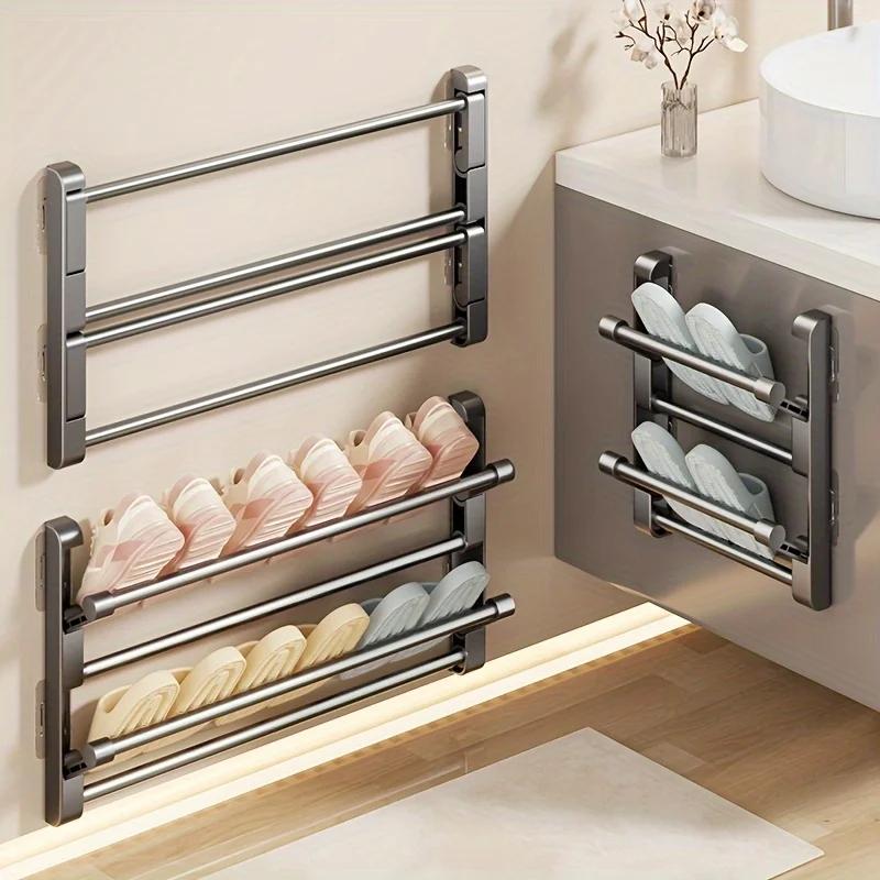 Multi‑Layer Foldable Slipper Storage Rack Punch‑Free Wall Hanging Shoe Organizer for Bathroom Bedroom