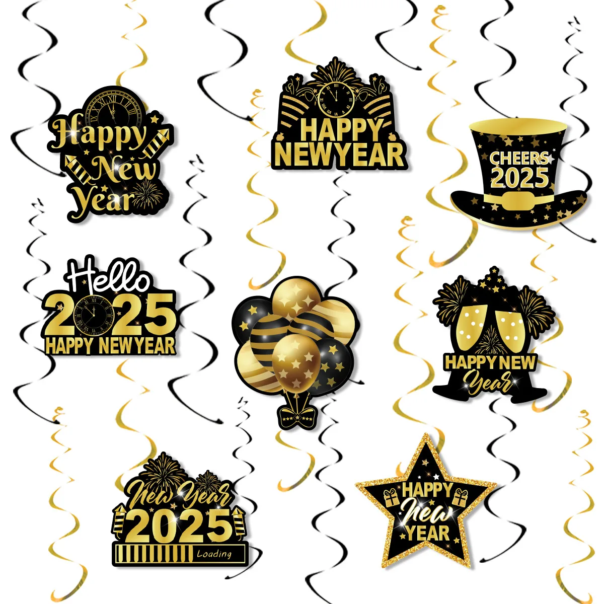 2025 Black Gold Happy New Year Spiral Hanging Decoration,Hello 2025 Spiral Charms,Cheers 2025 Paper card Pendant,8pcs