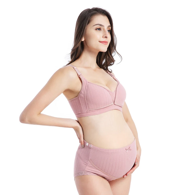 Maternity 2pcs Solid Nursing Bra Rib Lace Trim Panty Suit