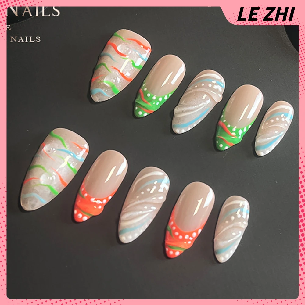 10Pcs Handmade High-End Sweet Cool Acrylic Party Nail Sticker Diamond Pearl Flowers Almond Shape Glossy Removable Nail Gift