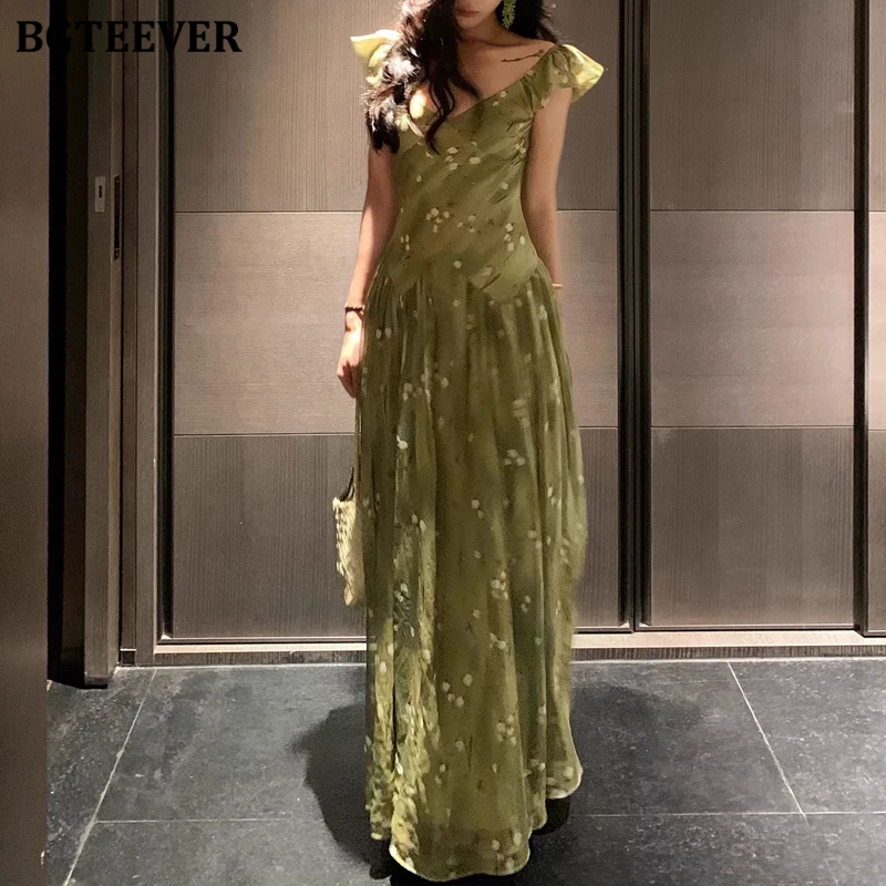 

BGTEEVER Vintage Slim Waist Female Sleeveless Floral Printed Dress Summer Elegant V-neck Ladies A-line Chiffon Dress
