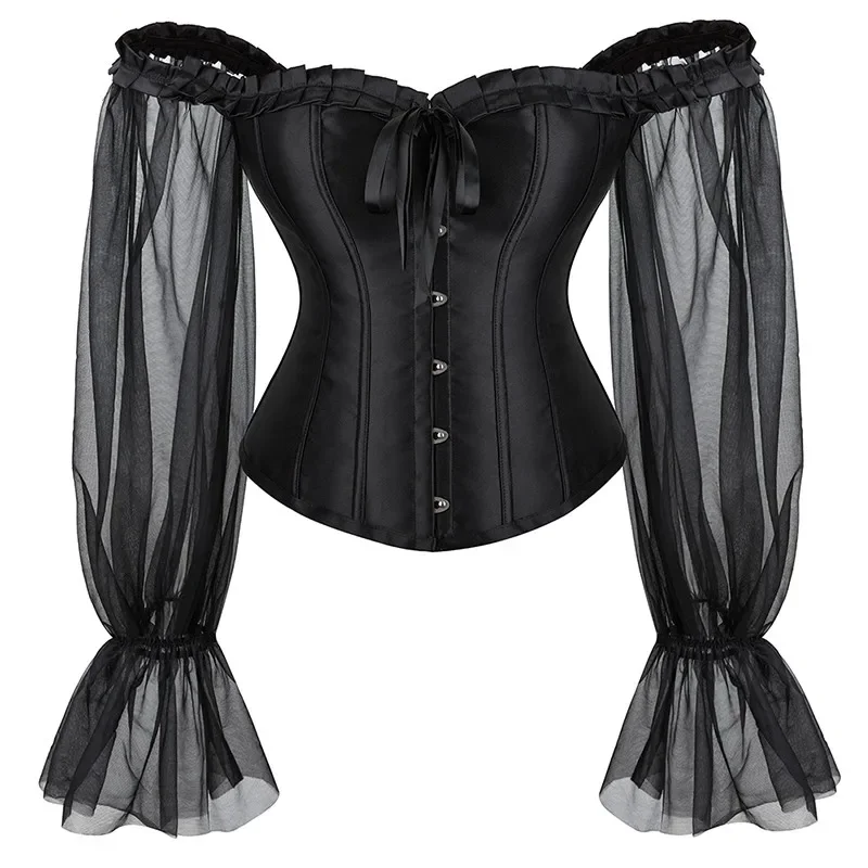 

Long Sleeves Bustier Top Gothic Victorian Women Corset Vintage Basques Off Shoulder Waist Overbust Corselet