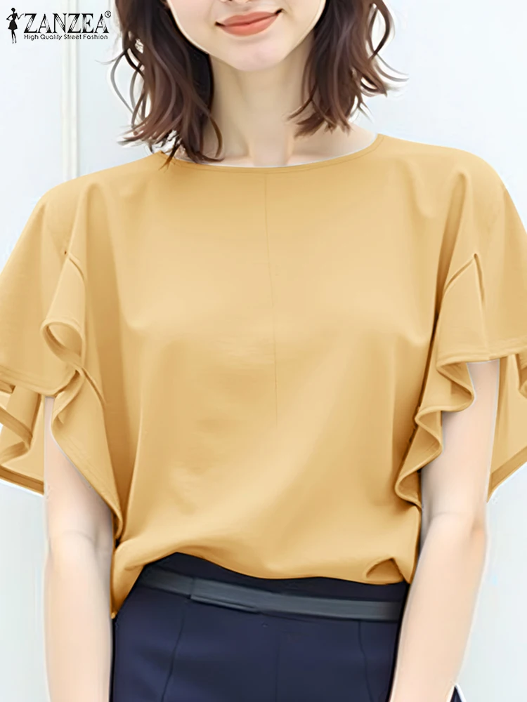 2025 ZANZEA blusa de verano elegante Mujer camisa de manga corta moda sólida OL Tops de trabajo elegante volantes vacaciones Blusas túnica Mujer