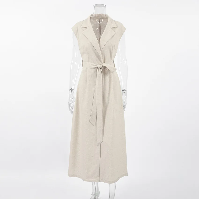 ชุดเดรสยาวผู้หญิงเสื้อชุด Vestidos แขนกุดเปิดลงปก Lace Up เอวแน่น Maxi ชุด 2025 ฤดูร้อน Office Lady A Line